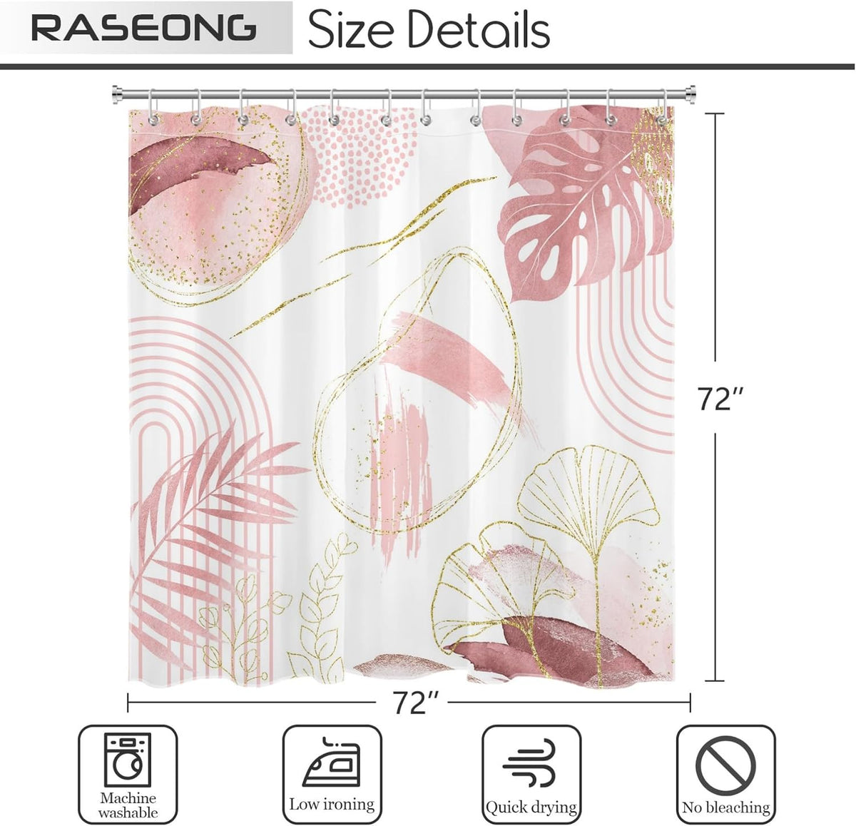 Light Pink Gold Shower Curtain, Boho Abstract Leaf, 72x72inch