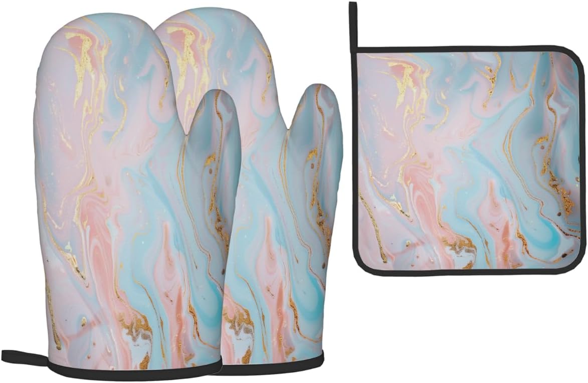 Light Blue Pink Gold Marble Oven Mitts and Pot Holders BBQ Gloves Heat Resistant Non Slip Kitchen Gloves Hot Pads for Cooking Baking Grilling