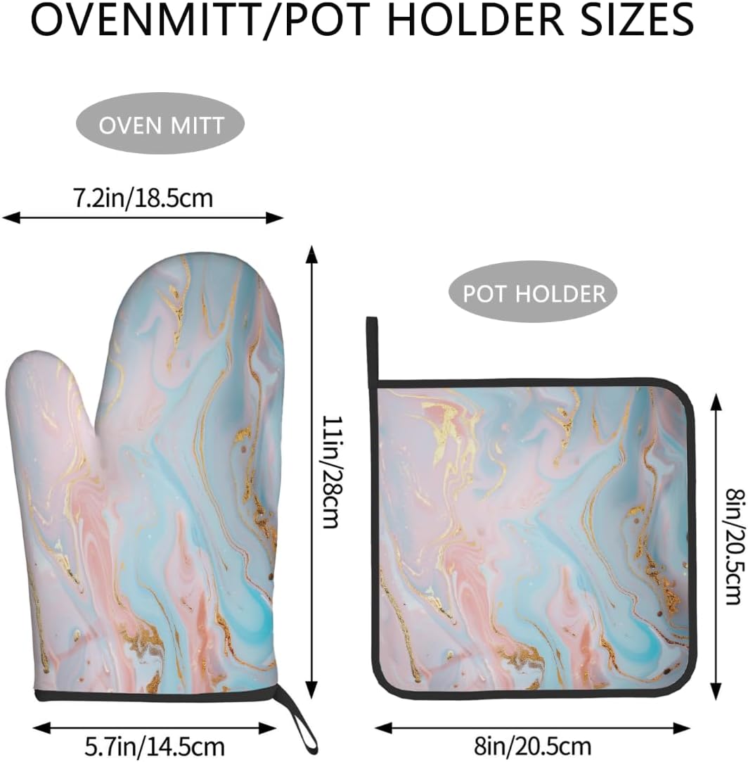 Light Blue Pink Gold Marble Oven Mitts and Pot Holders BBQ Gloves Heat Resistant Non Slip Kitchen Gloves Hot Pads for Cooking Baking Grilling