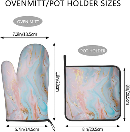 Light Blue Pink Gold Marble Oven Mitts and Pot Holders BBQ Gloves Heat Resistant Non Slip Kitchen Gloves Hot Pads for Cooking Baking Grilling