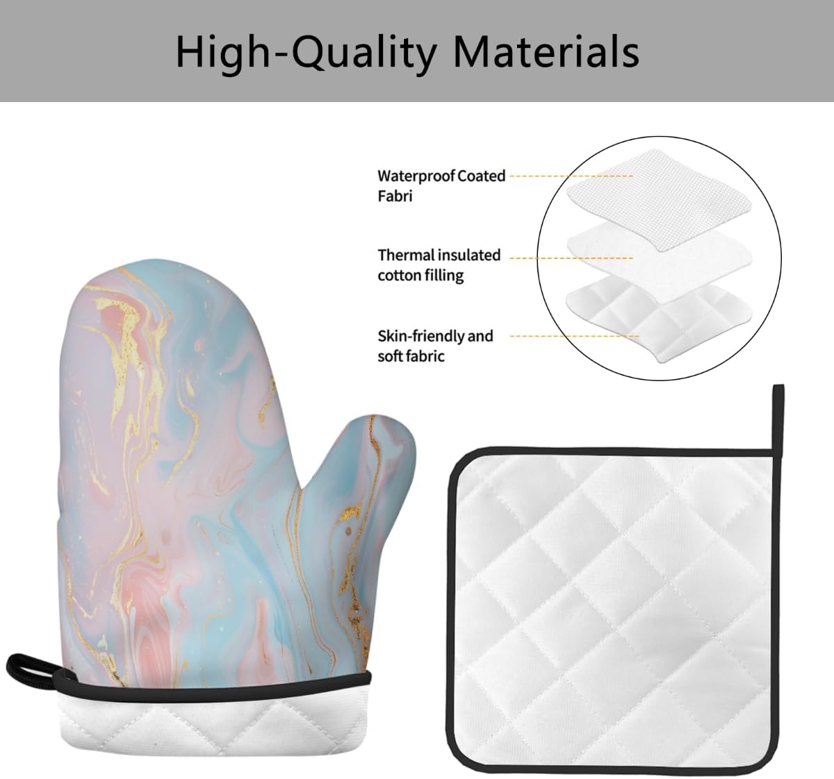 Light Blue Pink Gold Marble Oven Mitts and Pot Holders BBQ Gloves Heat Resistant Non Slip Kitchen Gloves Hot Pads for Cooking Baking Grilling