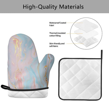 Light Blue Pink Gold Marble Oven Mitts and Pot Holders BBQ Gloves Heat Resistant Non Slip Kitchen Gloves Hot Pads for Cooking Baking Grilling
