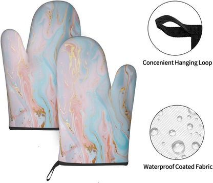 Light Blue Pink Gold Marble Oven Mitts and Pot Holders BBQ Gloves Heat Resistant Non Slip Kitchen Gloves Hot Pads for Cooking Baking Grilling