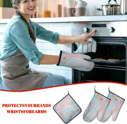 Light Blue Pink Gold Marble Oven Mitts and Pot Holders BBQ Gloves Heat Resistant Non Slip Kitchen Gloves Hot Pads for Cooking Baking Grilling