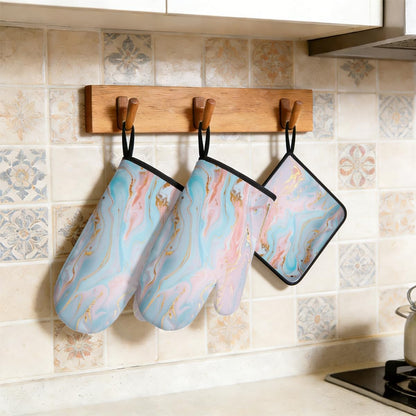 Light Blue Pink Gold Marble Oven Mitts and Pot Holders BBQ Gloves Heat Resistant Non Slip Kitchen Gloves Hot Pads for Cooking Baking Grilling