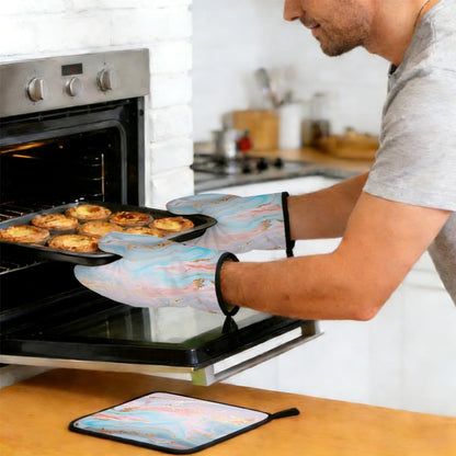 Light Blue Pink Gold Marble Oven Mitts and Pot Holders BBQ Gloves Heat Resistant Non Slip Kitchen Gloves Hot Pads for Cooking Baking Grilling