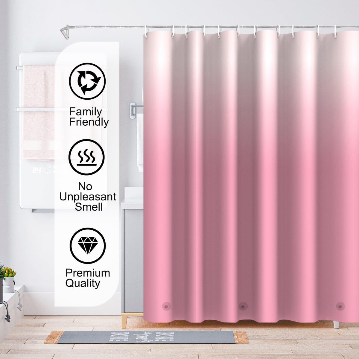 Gradient Pink Shower Curtain Liner, 4G PEVA Shower Liner, Plastic Waterproof Shower Curtains, 72x72 inch with Grommet Holes 3 Magnetic Weights
