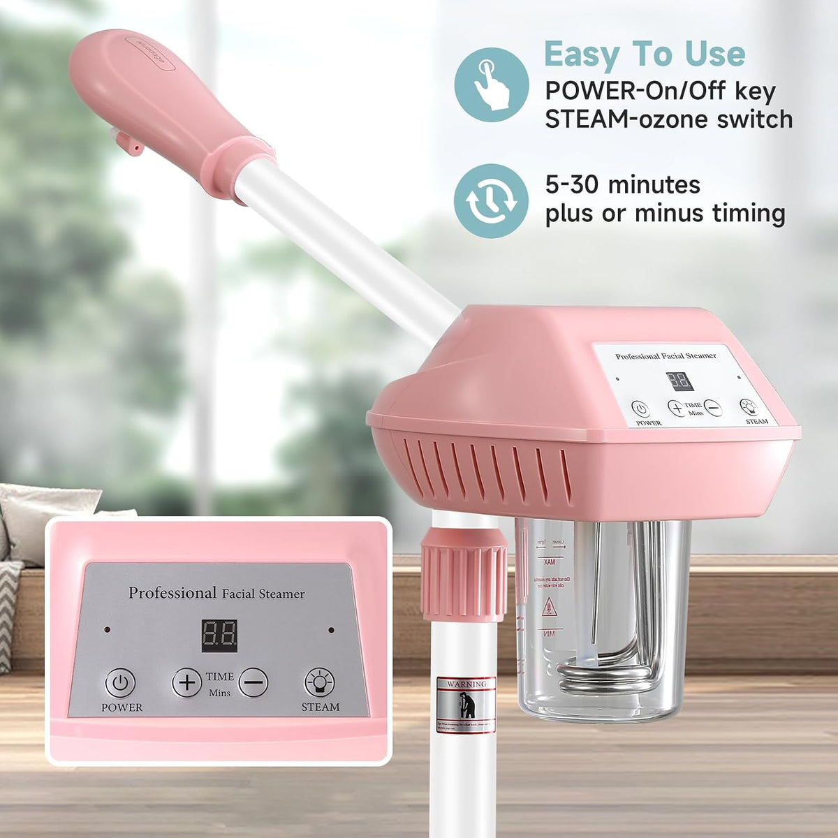 Professional Facial Steamer, Face Steam on Wheel, Estheticians Steamer-Pink