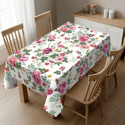 Flower Pink Rose Rectangular Tablecloth Floral Table Cloth with Wavy Lace Decoration Polyester Table Cover for Dining, Parties 54x72 inch
