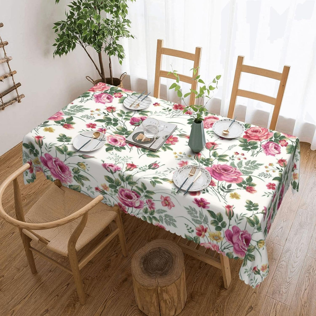 Flower Pink Rose Rectangular Tablecloth Floral Table Cloth with Wavy Lace Decoration Polyester Table Cover for Dining, Parties 54x72 inch