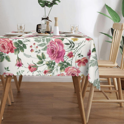 Flower Pink Rose Rectangular Tablecloth Floral Table Cloth with Wavy Lace Decoration Polyester Table Cover for Dining, Parties 54x72 inch