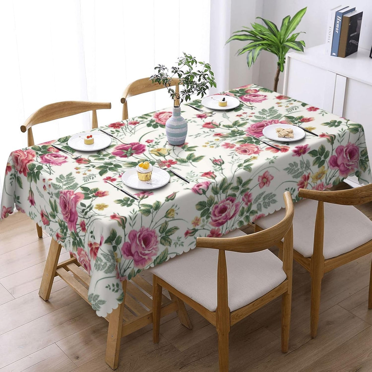 Flower Pink Rose Rectangular Tablecloth Floral Table Cloth with Wavy Lace Decoration Polyester Table Cover for Dining, Parties 54x72 inch