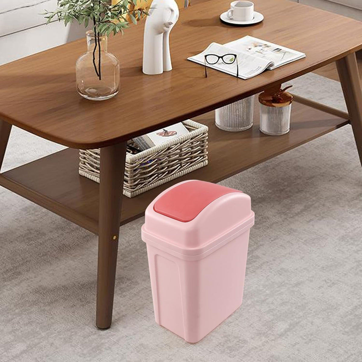 1.8 Gallon Small Garbage Can, Plastic Swing-top Trash Can, Pink
