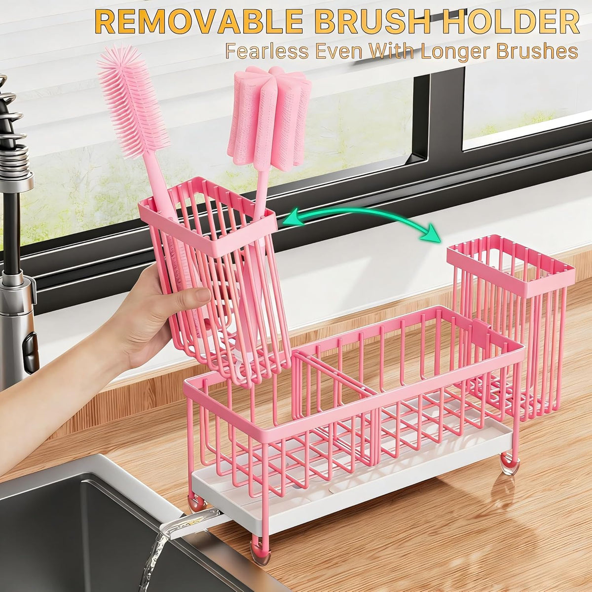 Cisily Sponge Holder for Kitchen Sink, Sink Caddy Organizer with High Brush Holder, Kitchen Countertop Organizers and Storage Essentials, Rustproof 304 Stainless Steel (Pink, 9.25″)