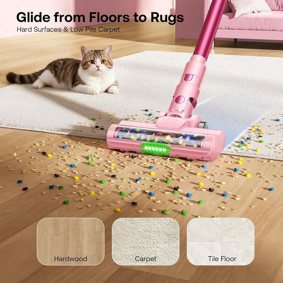 Trucozie Cordless Vacuum Cleaner, Self-Standing Lightweight Stick Vacuum with 50 mins Runtime, Powerful Suction, Anti-Tangle Wireless Vacuum for Home, Hardwood Floor, Carpet, Pet Hair, Pink