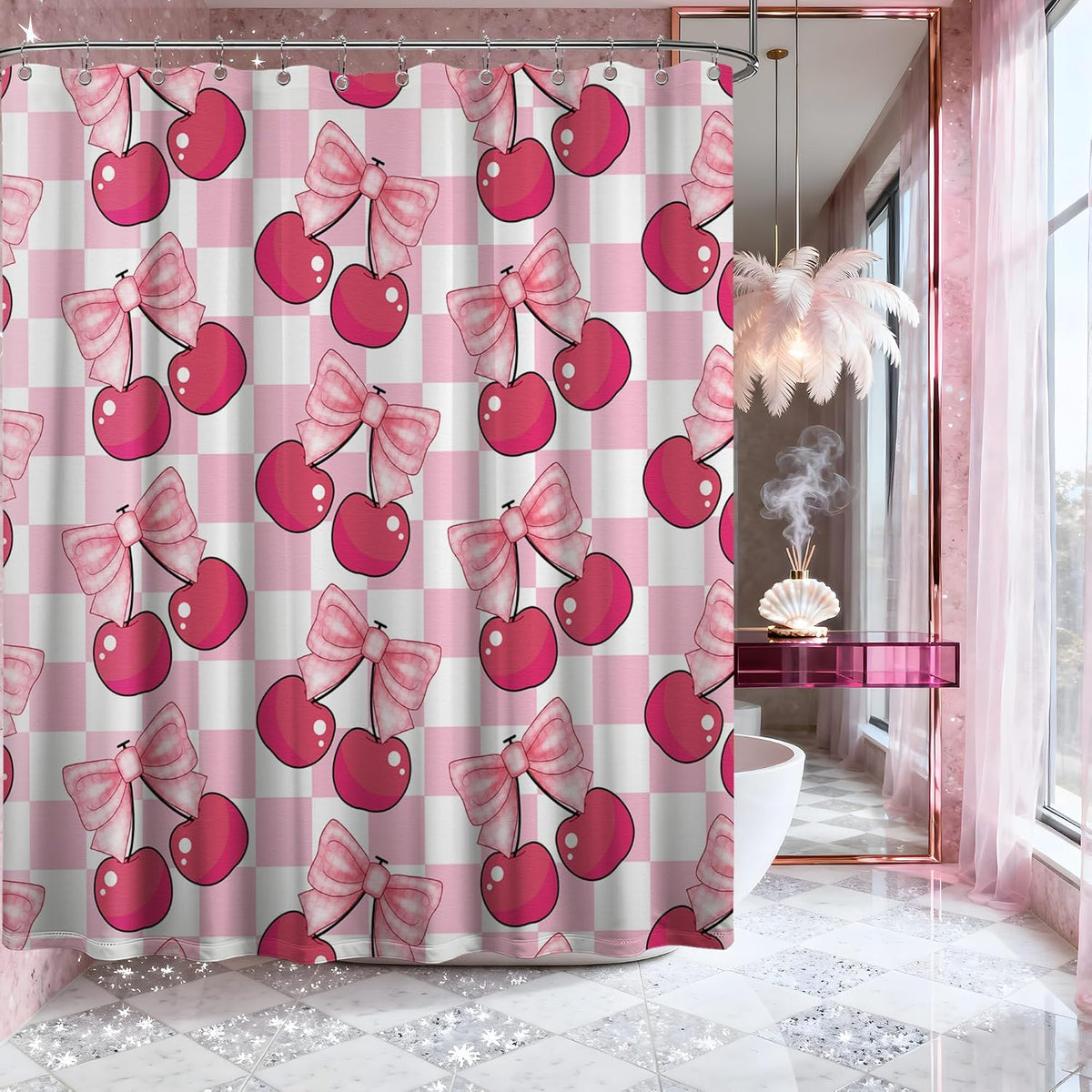 Pink Cherry Bow Shower Curtain, 72x72 in, Checkered