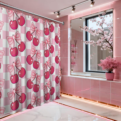 Pink Cherry Bow Shower Curtain, 72x72 in, Checkered