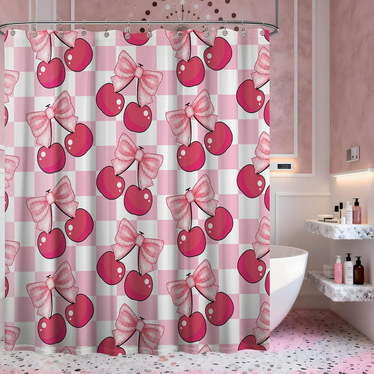 Pink Cherry Bow Shower Curtain, 72x72 in, Checkered