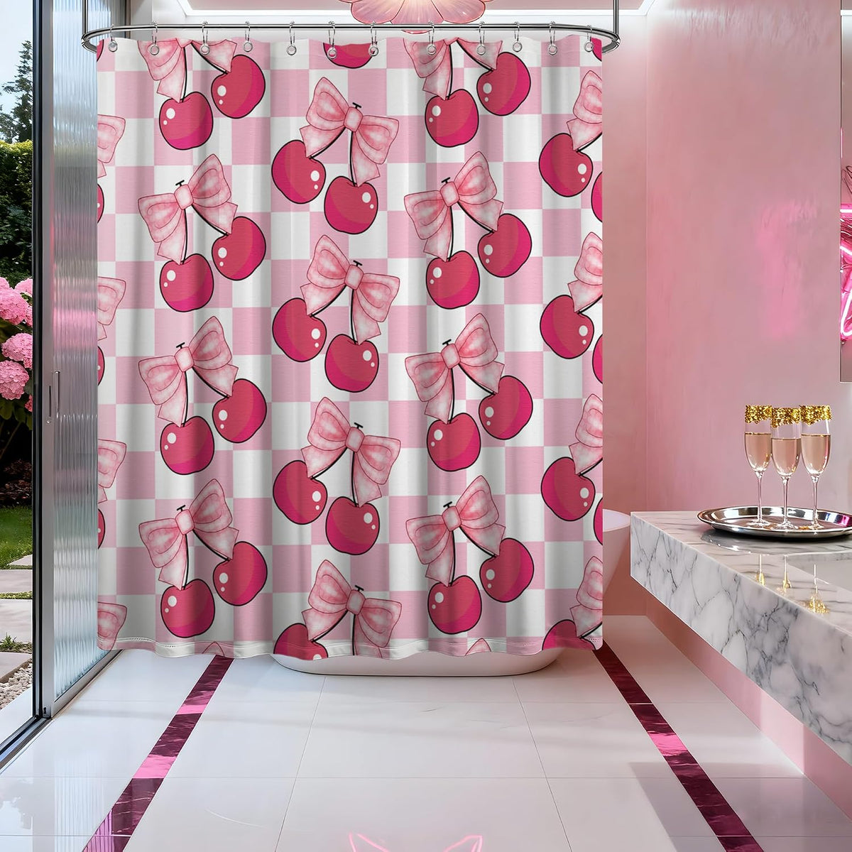 Pink Cherry Bow Shower Curtain, 72x72 in, Checkered