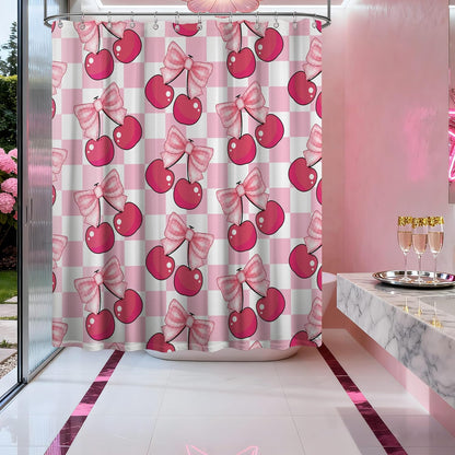 Pink Cherry Bow Shower Curtain, 72x72 in, Checkered