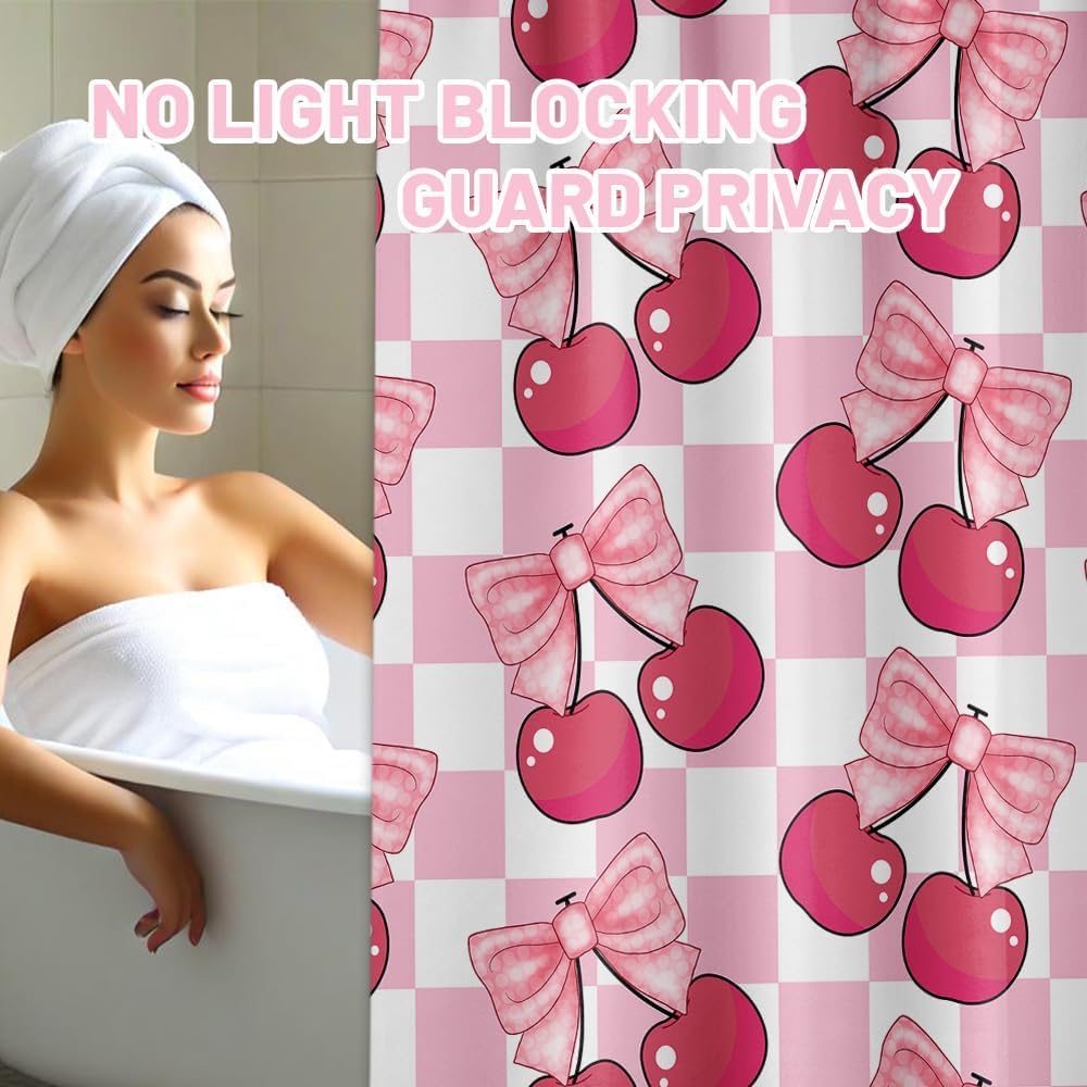 Pink Cherry Bow Shower Curtain, 72x72 in, Checkered