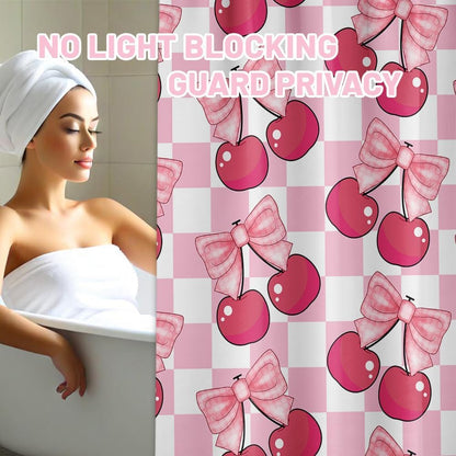 Pink Cherry Bow Shower Curtain, 72x72 in, Checkered