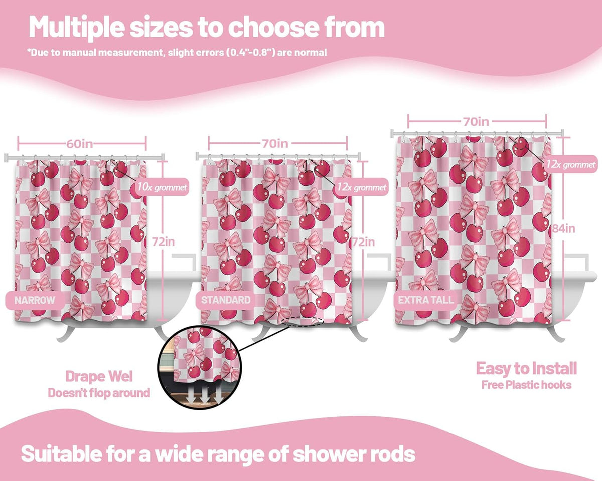Pink Cherry Bow Shower Curtain, 72x72 in, Checkered