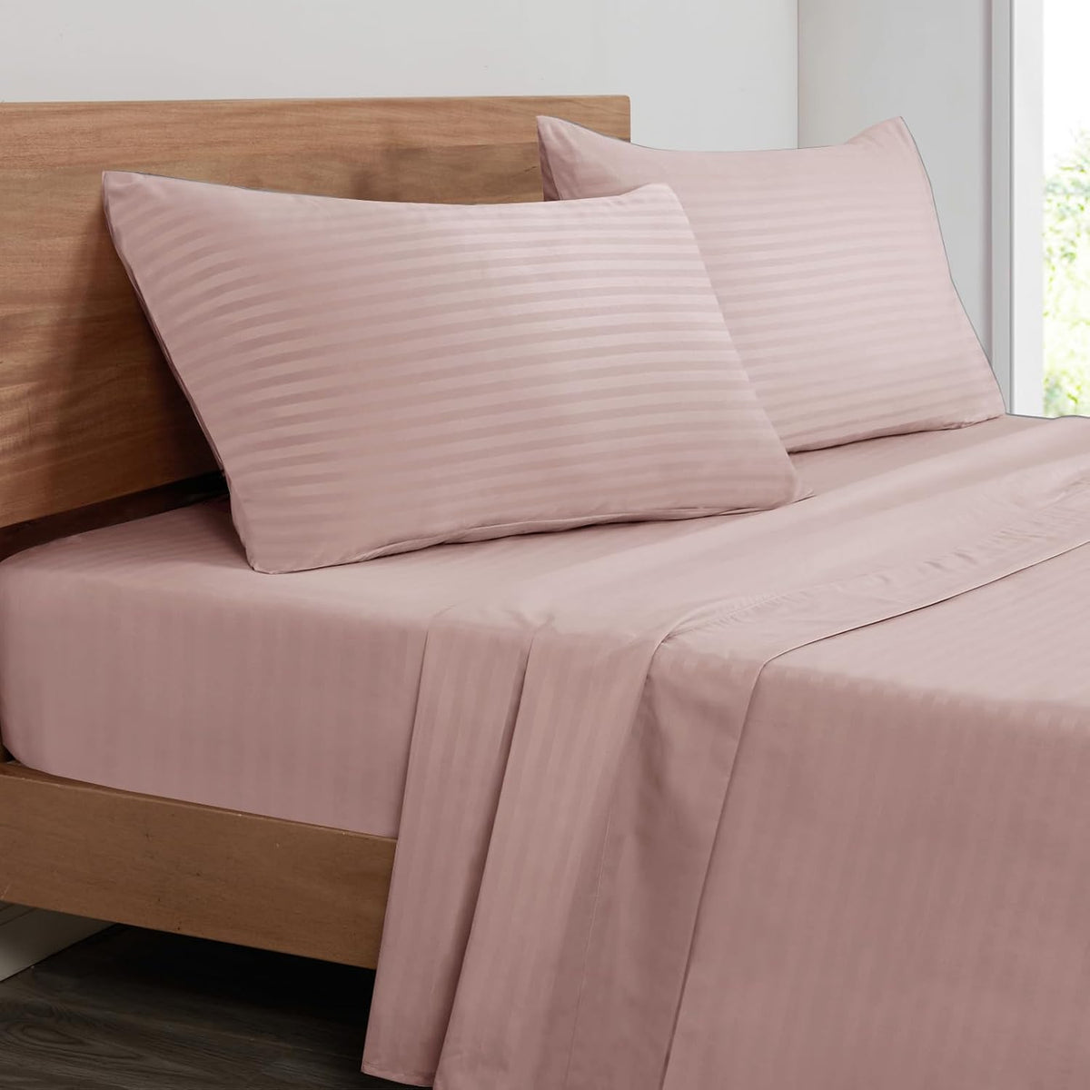 Striped Queen Size Sheet Set - Hotel Luxury 1800 Bedding Sheets & Pillowcases - Deep Pocket Fitted Sheet, Soft, Breathable, Wrinkle & Fade Resistant - 4 Piece (02-Dusty Pink)