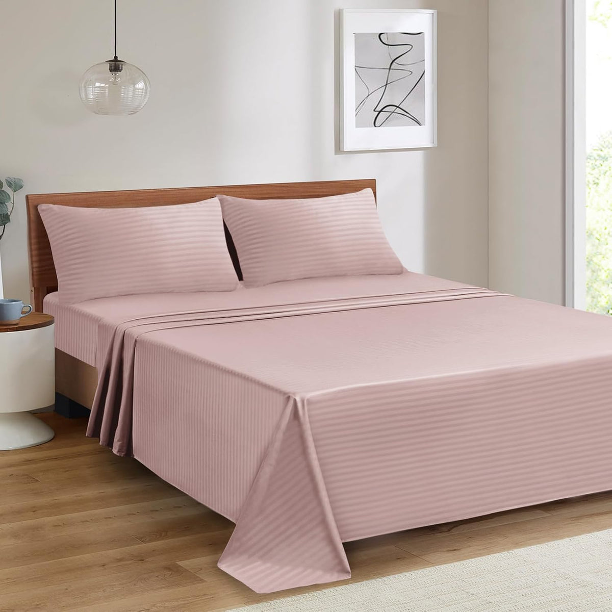 Striped Queen Size Sheet Set - Hotel Luxury 1800 Bedding Sheets & Pillowcases - Deep Pocket Fitted Sheet, Soft, Breathable, Wrinkle & Fade Resistant - 4 Piece (02-Dusty Pink)