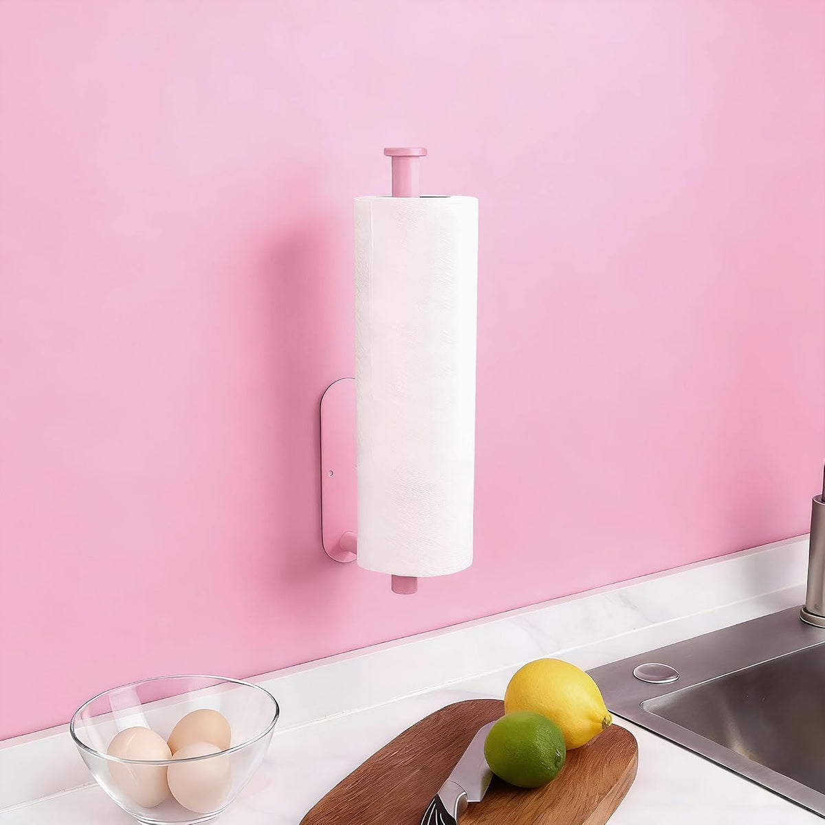 Pink Paper Towel Holder - Self Adhesive Paper Towels Roll Holders Under Cabinet, SUS304 Stainless Steel Wall Mount Towel Holder for Kitchen, Pantry, Sink, Bathroom
