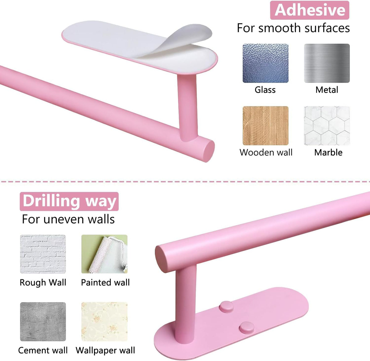 Pink Paper Towel Holder - Self Adhesive Paper Towels Roll Holders Under Cabinet, SUS304 Stainless Steel Wall Mount Towel Holder for Kitchen, Pantry, Sink, Bathroom