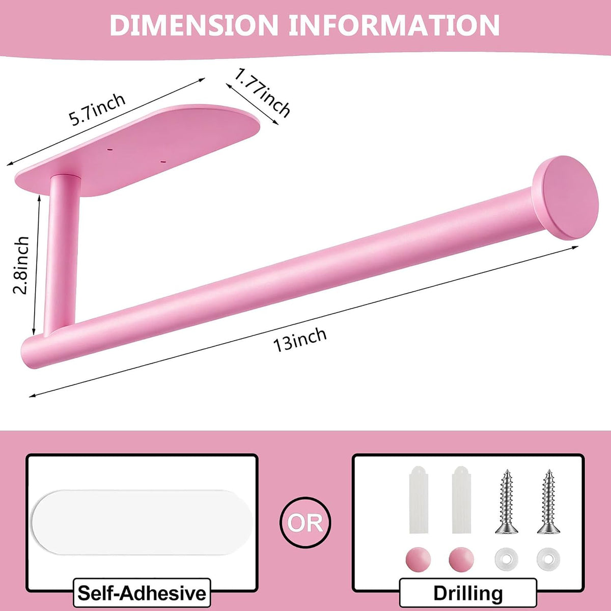 Pink Paper Towel Holder - Self Adhesive Paper Towels Roll Holders Under Cabinet, SUS304 Stainless Steel Wall Mount Towel Holder for Kitchen, Pantry, Sink, Bathroom