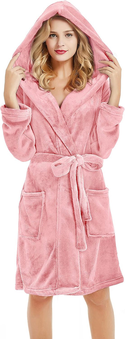 Women Hooded Fleece Robe, Short Plush Robes for Womens With Hood Soft Warm Spa Bathrobe