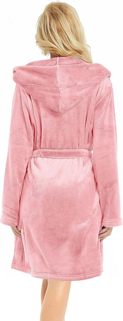 Women Hooded Fleece Robe, Short Plush Robes for Womens With Hood Soft Warm Spa Bathrobe