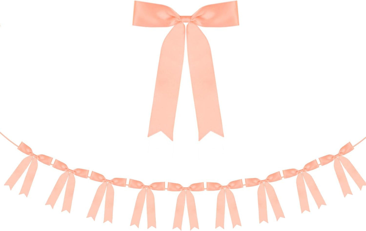 Peach Bow Garland Banner 1 String 9 PCS, Pre-Strung Satin Ribbon Bow Ornaments for Birthday, Baby Shower, Bridal Shower, Wedding, Bachelorette Party, Engagement, Anniversary, Graduation Decor
