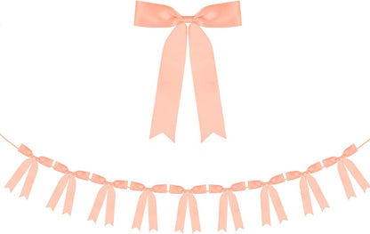 Peach Bow Garland Banner 1 String 9 PCS, Pre-Strung Satin Ribbon Bow Ornaments for Birthday, Baby Shower, Bridal Shower, Wedding, Bachelorette Party, Engagement, Anniversary, Graduation Decor