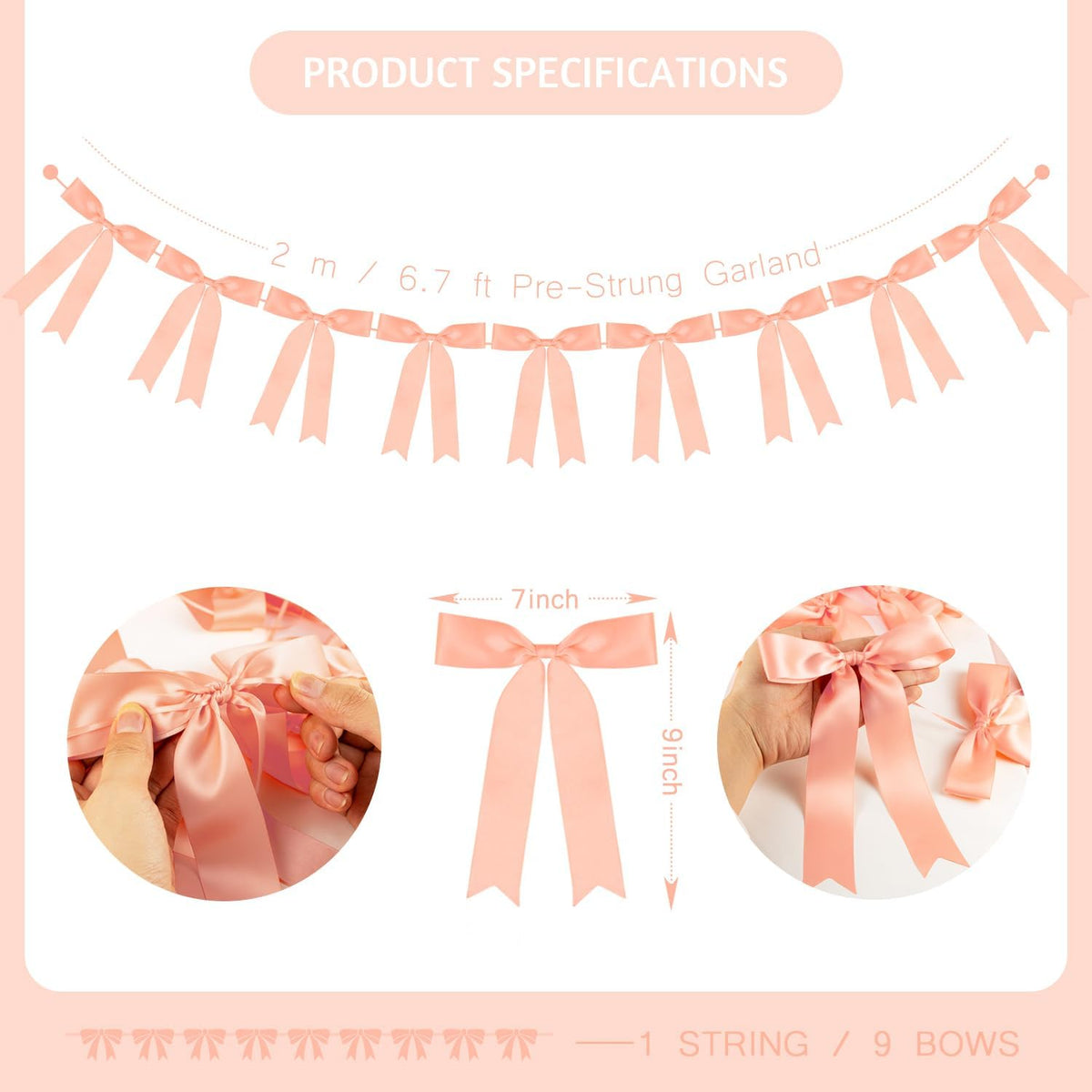 Peach Bow Garland Banner 1 String 9 PCS, Pre-Strung Satin Ribbon Bow Ornaments for Birthday, Baby Shower, Bridal Shower, Wedding, Bachelorette Party, Engagement, Anniversary, Graduation Decor