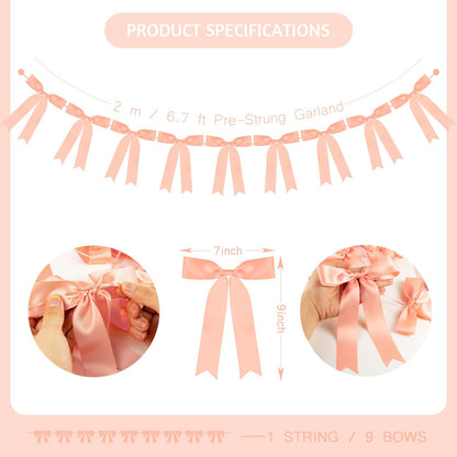 Peach Bow Garland Banner 1 String 9 PCS, Pre-Strung Satin Ribbon Bow Ornaments for Birthday, Baby Shower, Bridal Shower, Wedding, Bachelorette Party, Engagement, Anniversary, Graduation Decor