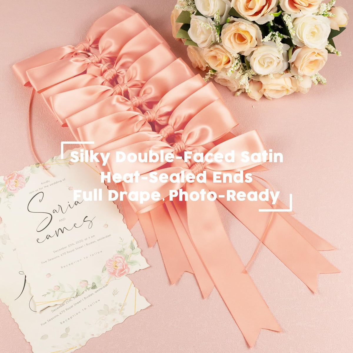 Peach Bow Garland Banner 1 String 9 PCS, Pre-Strung Satin Ribbon Bow Ornaments for Birthday, Baby Shower, Bridal Shower, Wedding, Bachelorette Party, Engagement, Anniversary, Graduation Decor