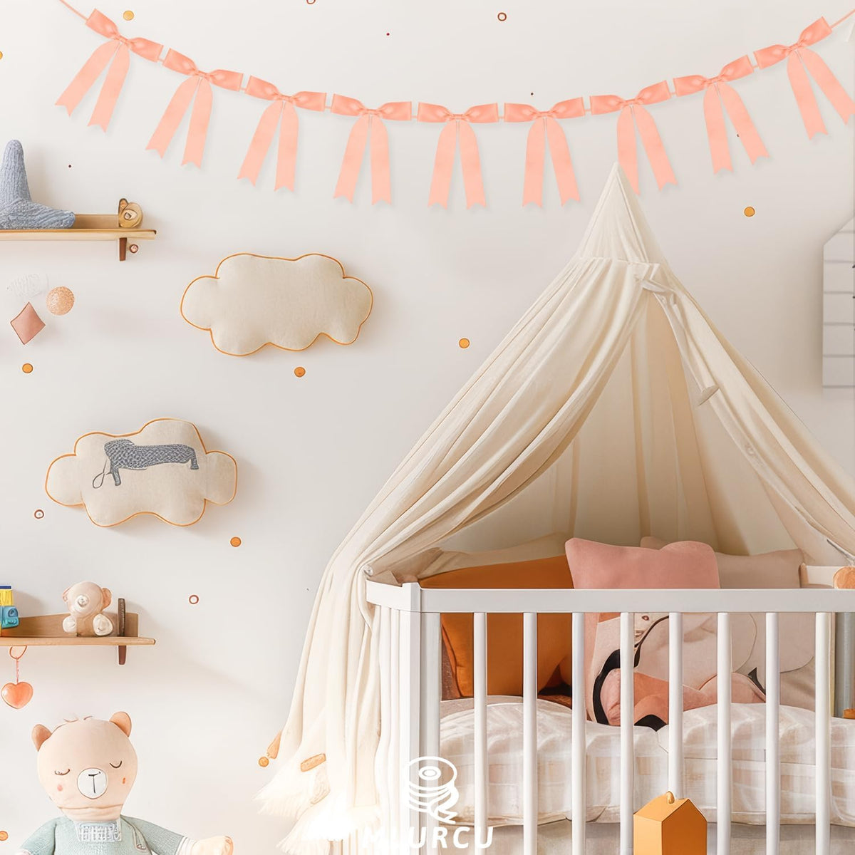 Peach Bow Garland Banner 1 String 9 PCS, Pre-Strung Satin Ribbon Bow Ornaments for Birthday, Baby Shower, Bridal Shower, Wedding, Bachelorette Party, Engagement, Anniversary, Graduation Decor
