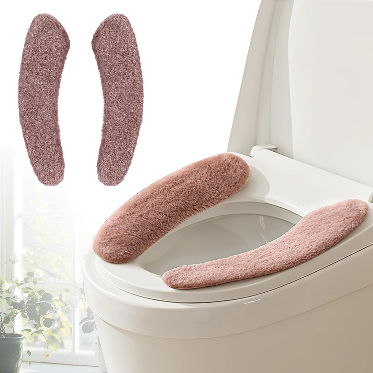 Plush Toilet Seat Cover Pads - Washable Warm Cushion, Soft Bathroom Warmer Mat - Universal Self Adhesive Design (Pink)