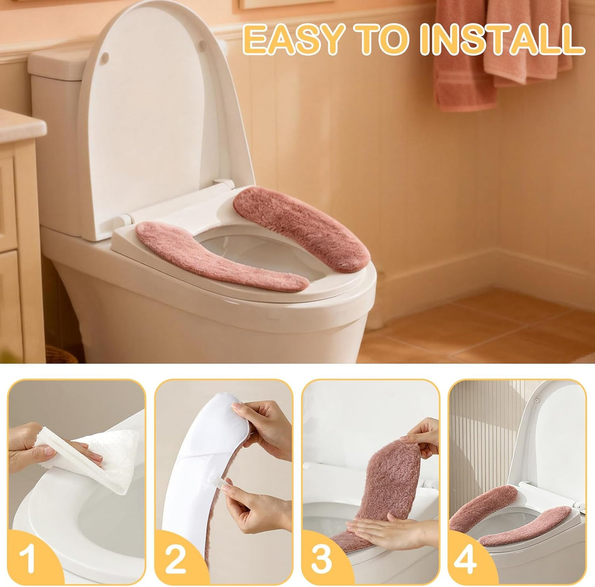 Plush Toilet Seat Cover Pads - Washable Warm Cushion, Soft Bathroom Warmer Mat - Universal Self Adhesive Design (Pink)