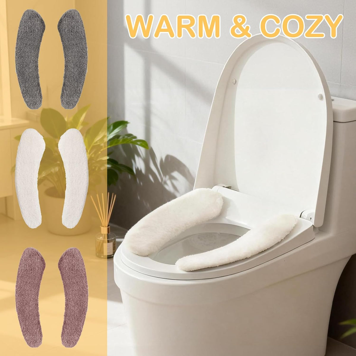 Plush Toilet Seat Cover Pads - Washable Warm Cushion, Soft Bathroom Warmer Mat - Universal Self Adhesive Design (Pink)