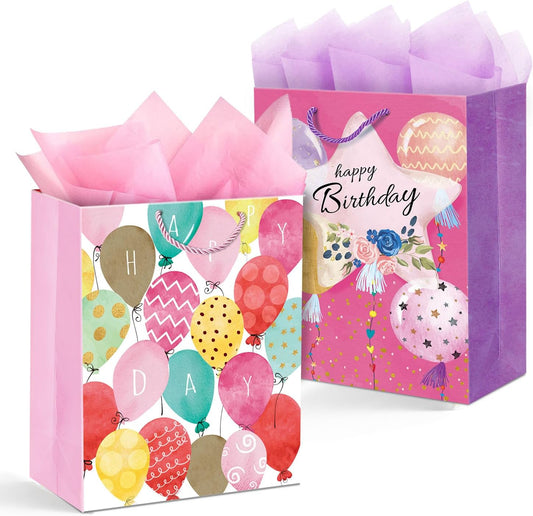 Pink Birthday Gift Bags for Women Girls Teens, 2 Pack Medium, Tissue Paper | Pastel balloon & floral-star designs; pink & purple tissue paper included; thick cardstock with reinforced bottom keeps shape