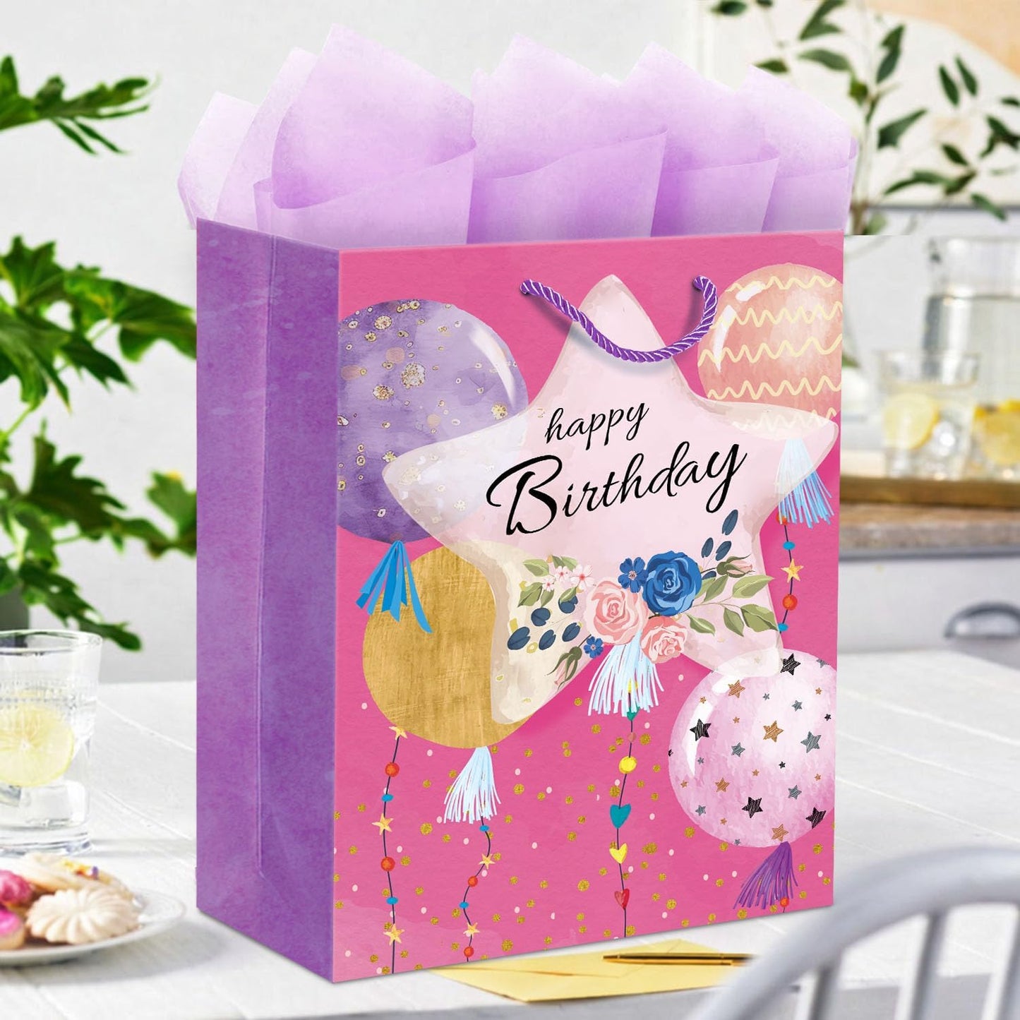Pink Birthday Gift Bags for Women Girls Teens, 2 Pack Medium, Tissue Paper | Pastel balloon & floral-star designs; pink & purple tissue paper included; thick cardstock with reinforced bottom keeps shape