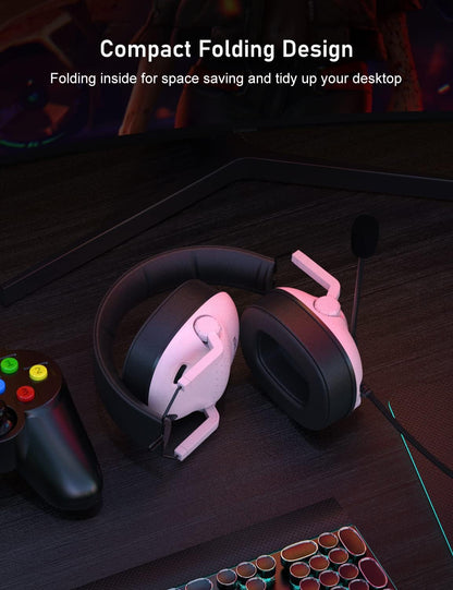 SG500 Surround Sound Pro Gaming Headset with Noise Cancelling Microphone - Soft Memory Foam Padding - Portable Foldable Headphones for PC, PS4, PS5, Xbox One, Switch - Pink