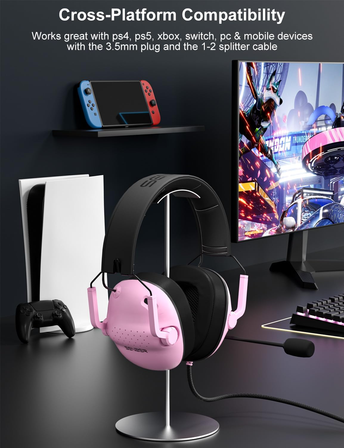 SG500 Surround Sound Pro Gaming Headset with Noise Cancelling Microphone - Soft Memory Foam Padding - Portable Foldable Headphones for PC, PS4, PS5, Xbox One, Switch - Pink
