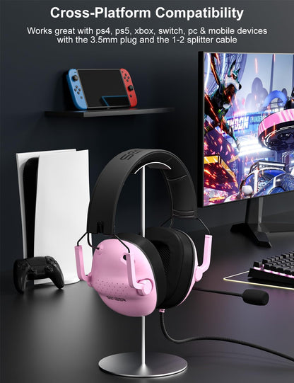 SG500 Surround Sound Pro Gaming Headset with Noise Cancelling Microphone - Soft Memory Foam Padding - Portable Foldable Headphones for PC, PS4, PS5, Xbox One, Switch - Pink