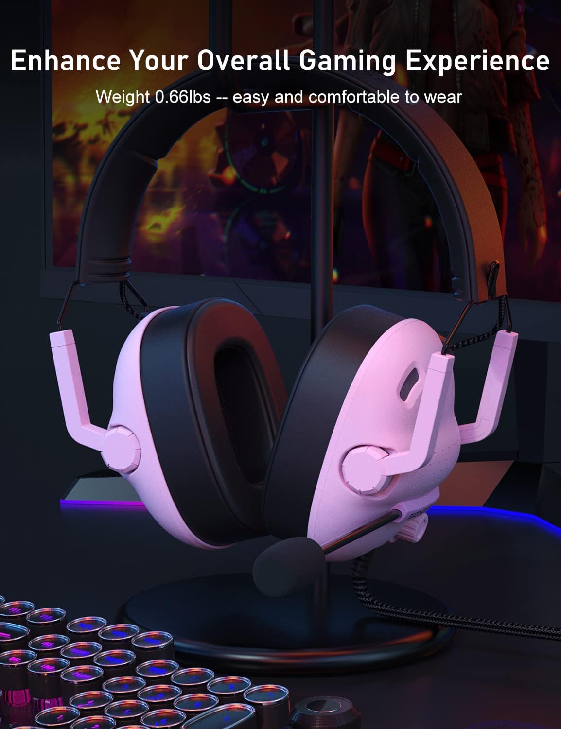 SG500 Surround Sound Pro Gaming Headset with Noise Cancelling Microphone - Soft Memory Foam Padding - Portable Foldable Headphones for PC, PS4, PS5, Xbox One, Switch - Pink