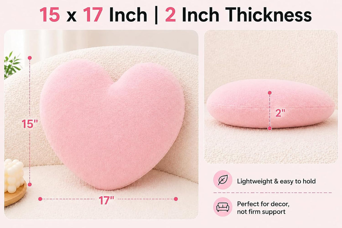 Heart-Shaped Micromink Throw Pillow 15"x17", Plush Cushion (Pink)